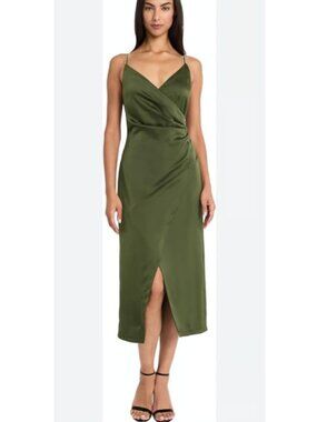 Donna Morgan Satin A-Line Midi Slip Wrap Dress Olive Green Rhinestone Size 10